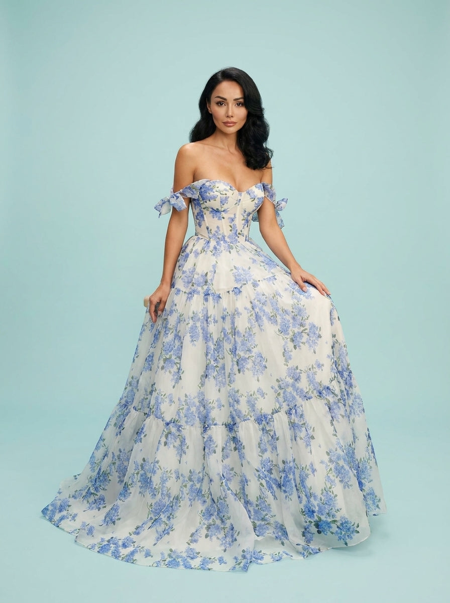 Floral Off-the-shoulder Strap Lace-up Large Swing Skirt