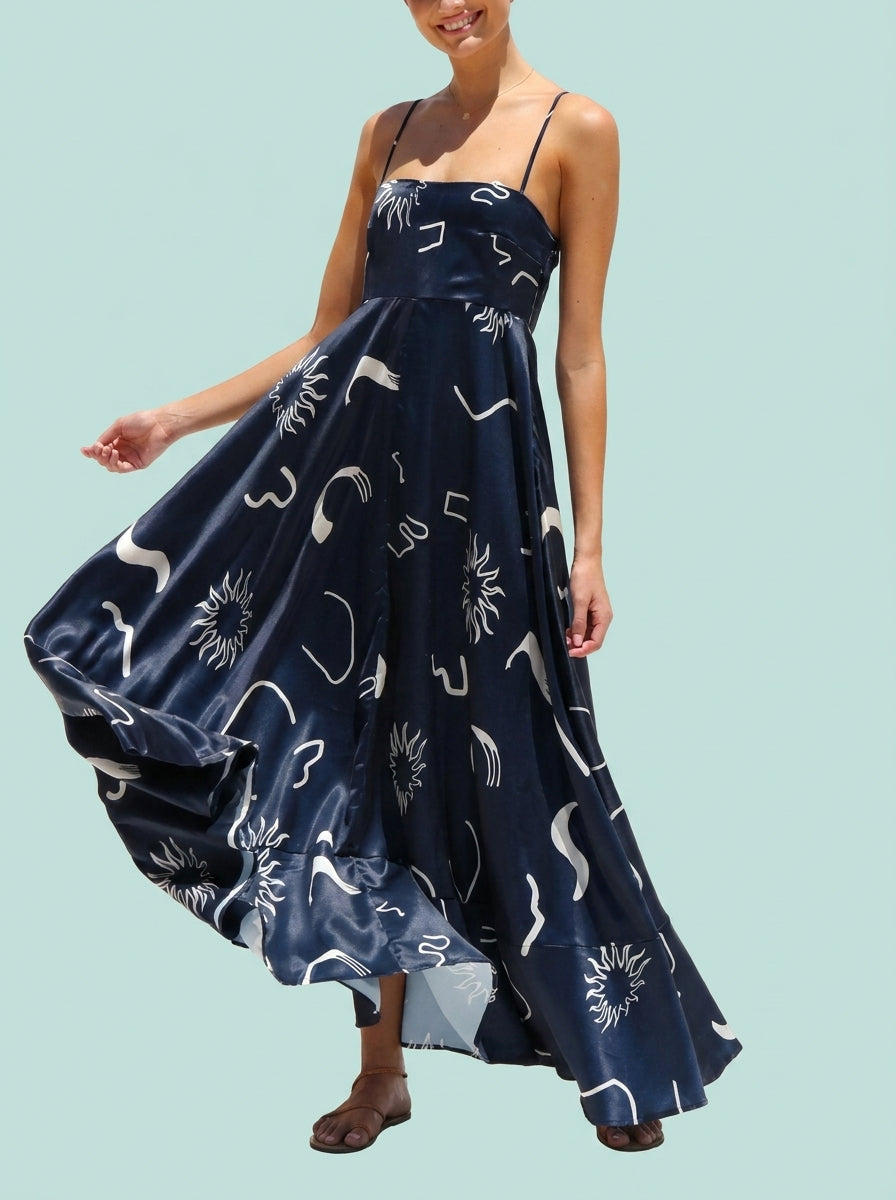 Floral Print Suspender Dress Slim Fit Long Dresses For
