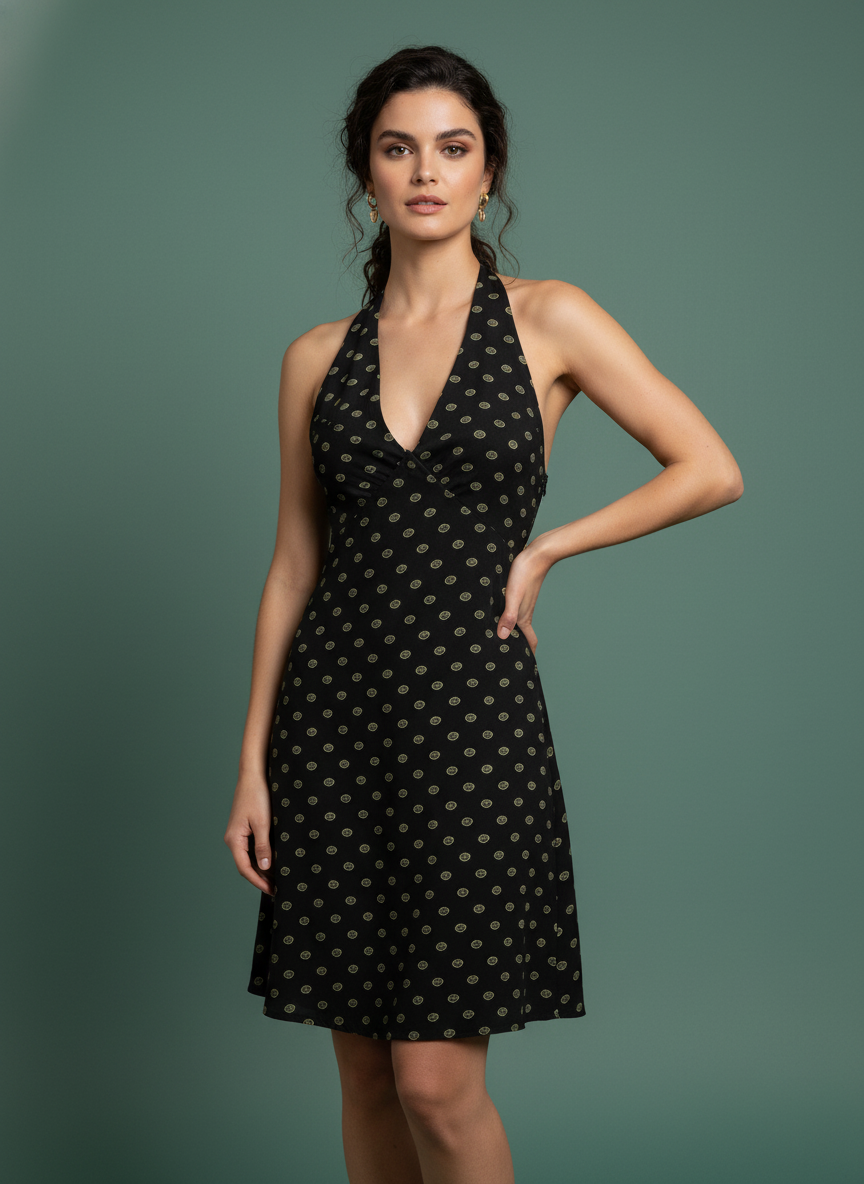 Niche V-neck Halter Lace Printing Slim Mini Sling Dress