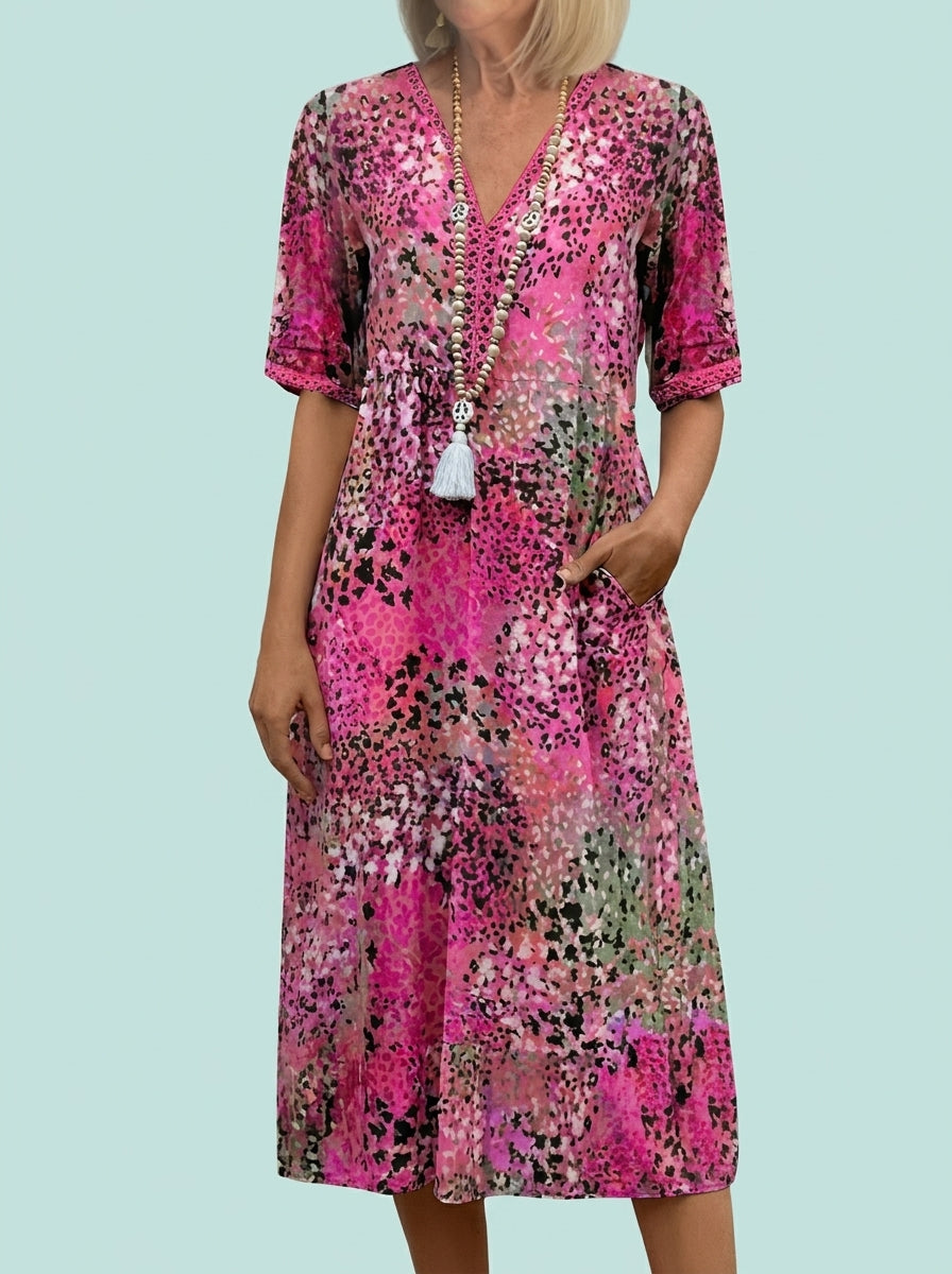 V-neck Half-sleeved Dress With Pockets Ethnic Print Dresses