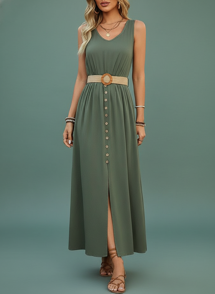Round-neck Sleeveless Split Dress With Button Design Solid