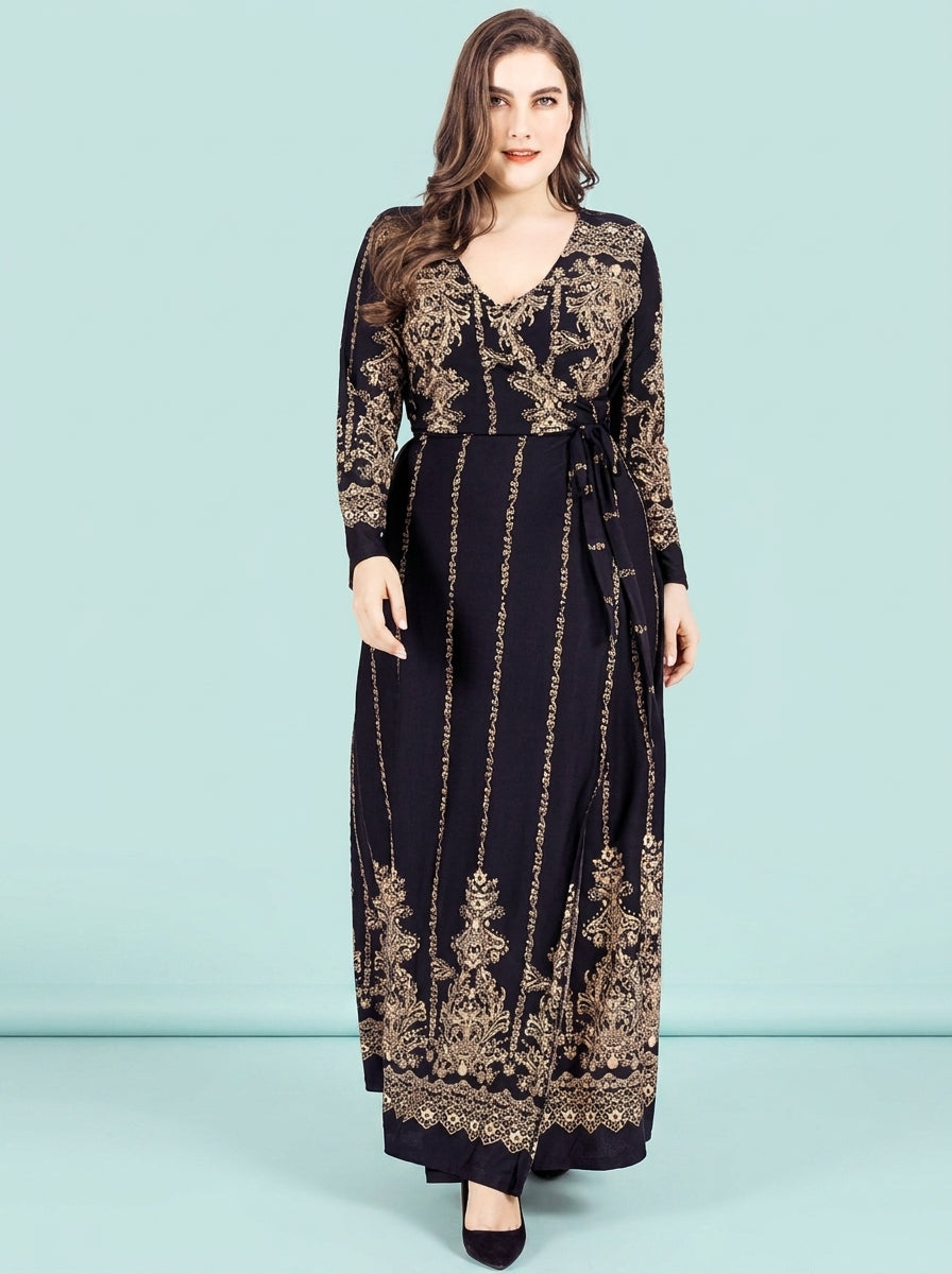 Vintage Printed Wrap Large Swing Dress