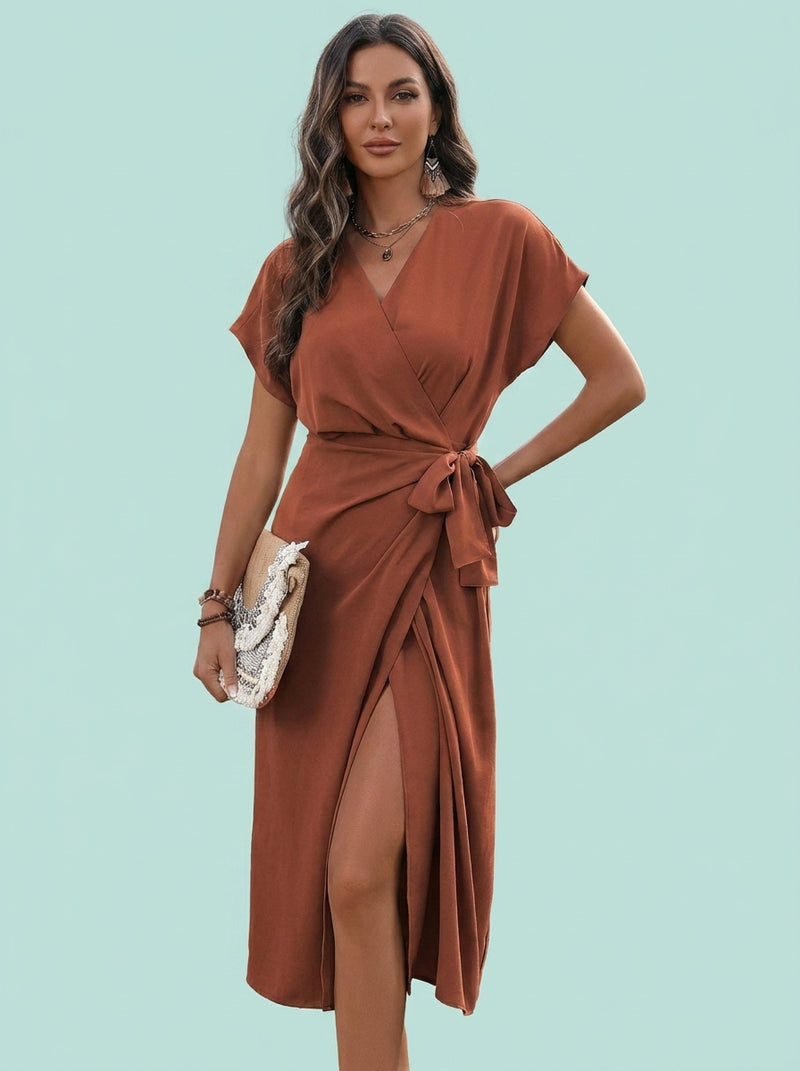 Commuting Forged Split Solid Color Wrap Suspender Dress