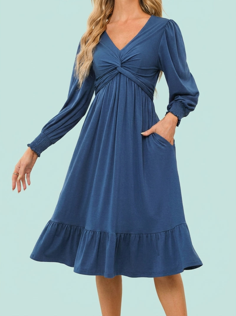 Wrap V-neck Long Sleeve Mid-length Dress