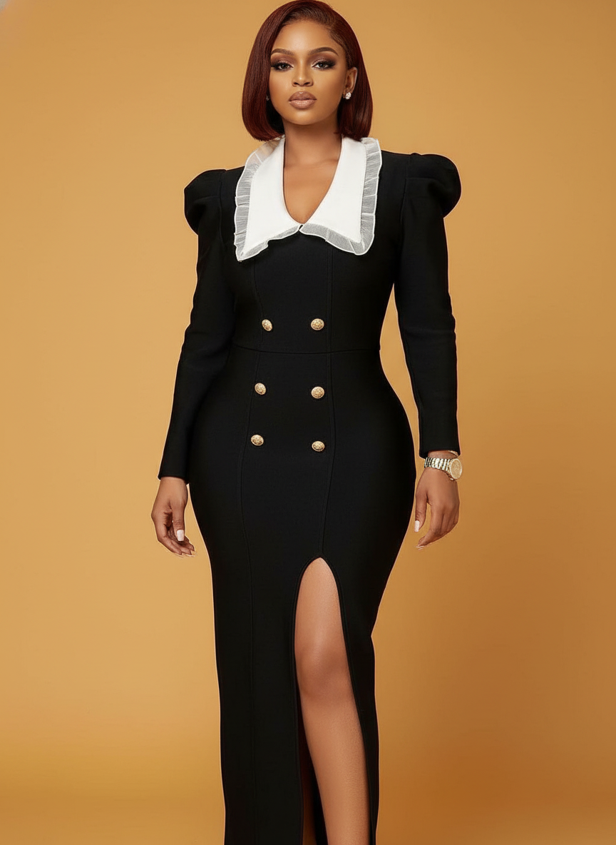 Long Sleeve Lapel Bandage One-piece Dress