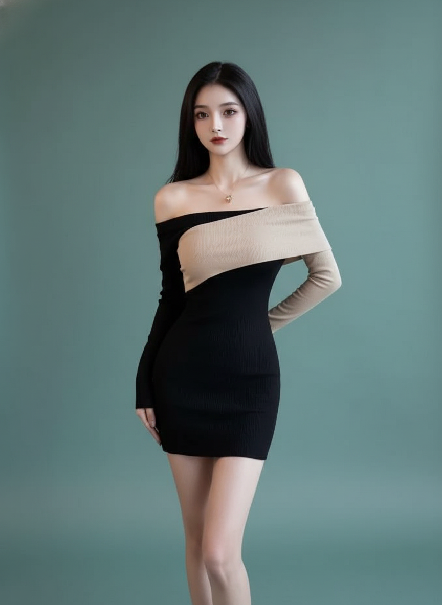 Temperament Color Contrast Patchwork Off-shoulder Long