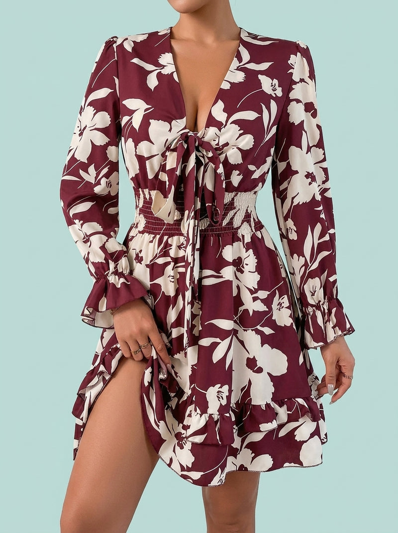 Floral Long Sleeve Scalloped Hem A-Line Dress