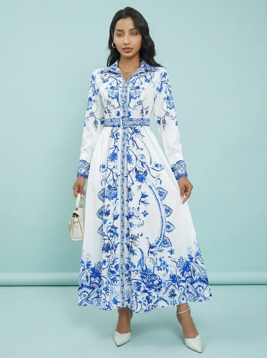 Real Shot Long Sleeve Stand Collar Retro Printed Dress