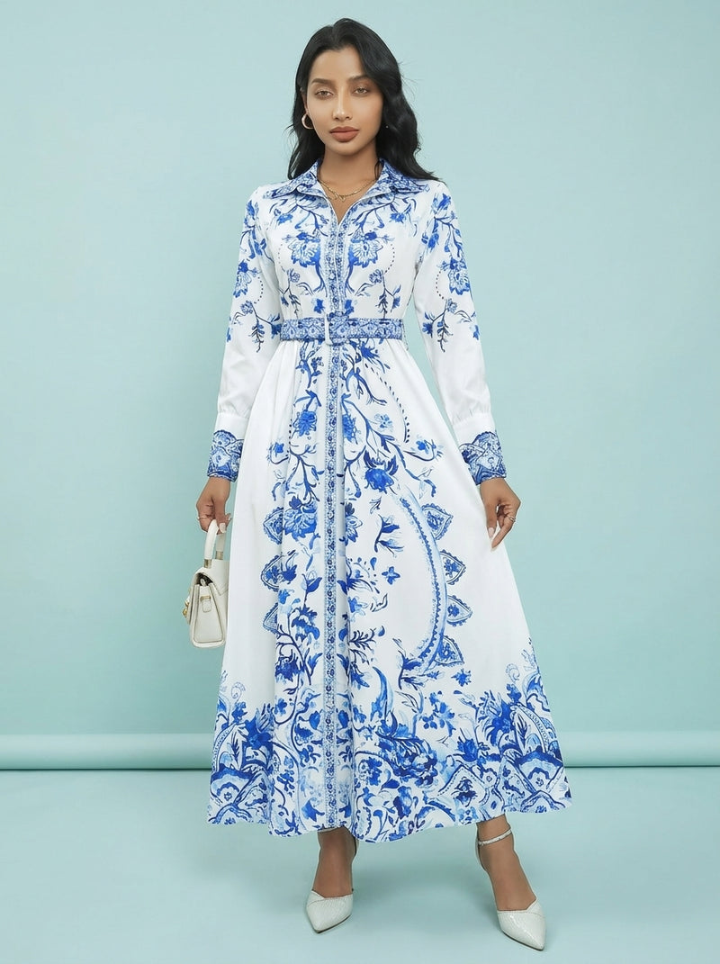 Real Shot Long Sleeve Stand Collar Retro Printed Dress
