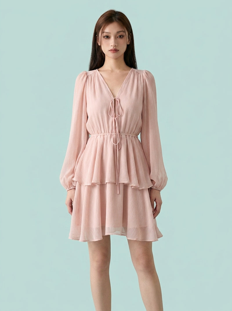 V-neck Lace-up Long Sleeve Elegant Lantern Dress