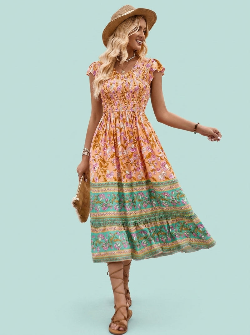 Flowers Print V-neck Dress Ruffle Sleeveless Dresses