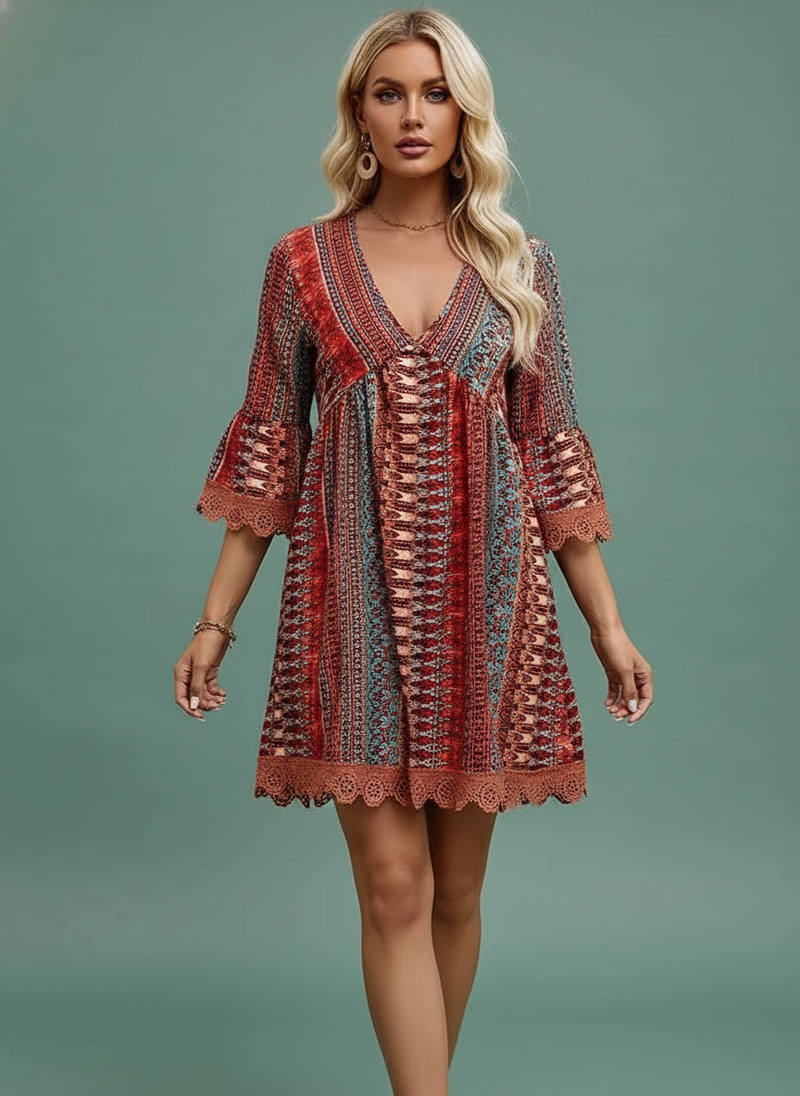 Bohemian Style V-neck Printed Dress Loose Beach Dresses