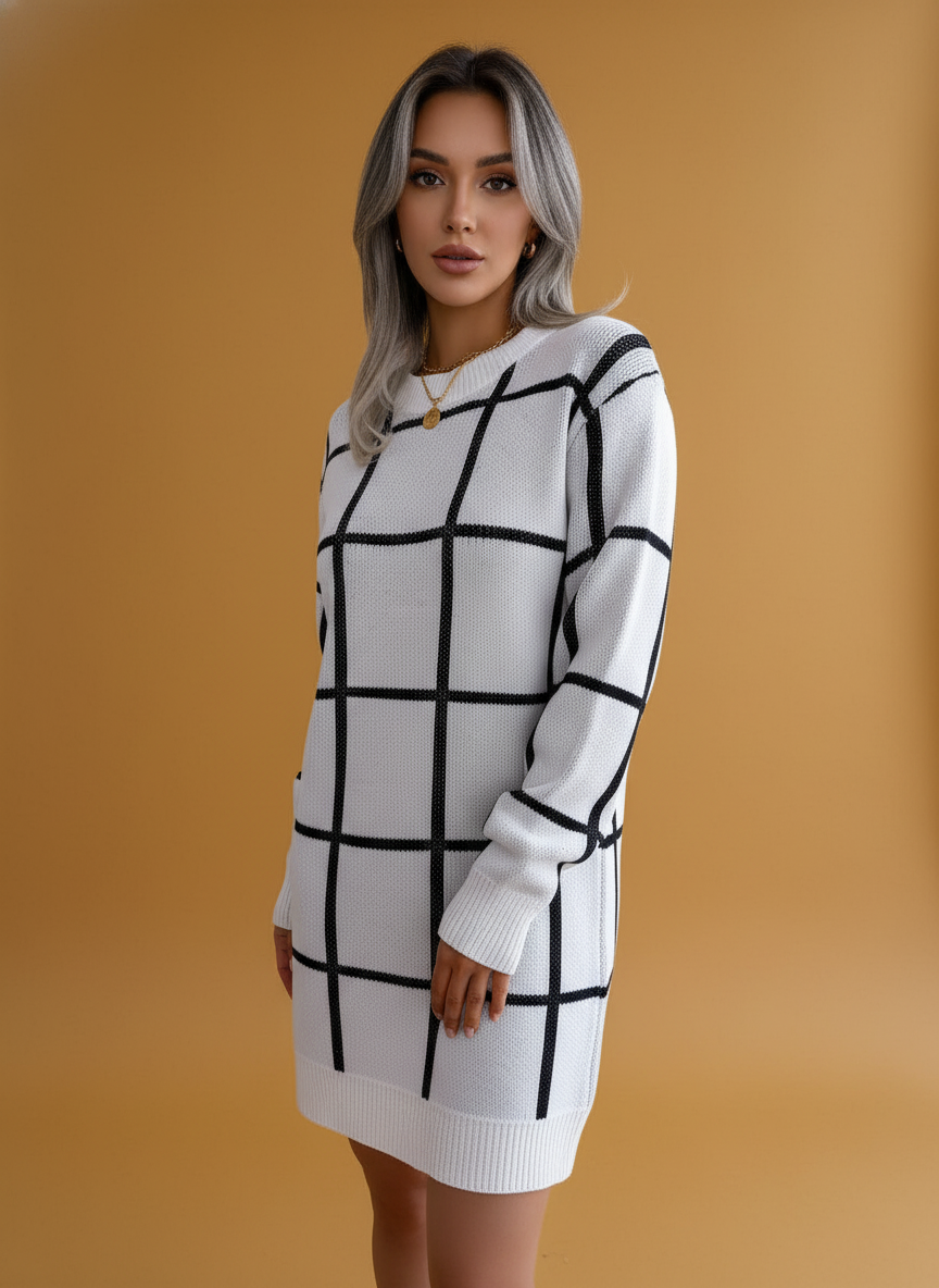 Color Block Plaid Long Sleeve Sweater Dress