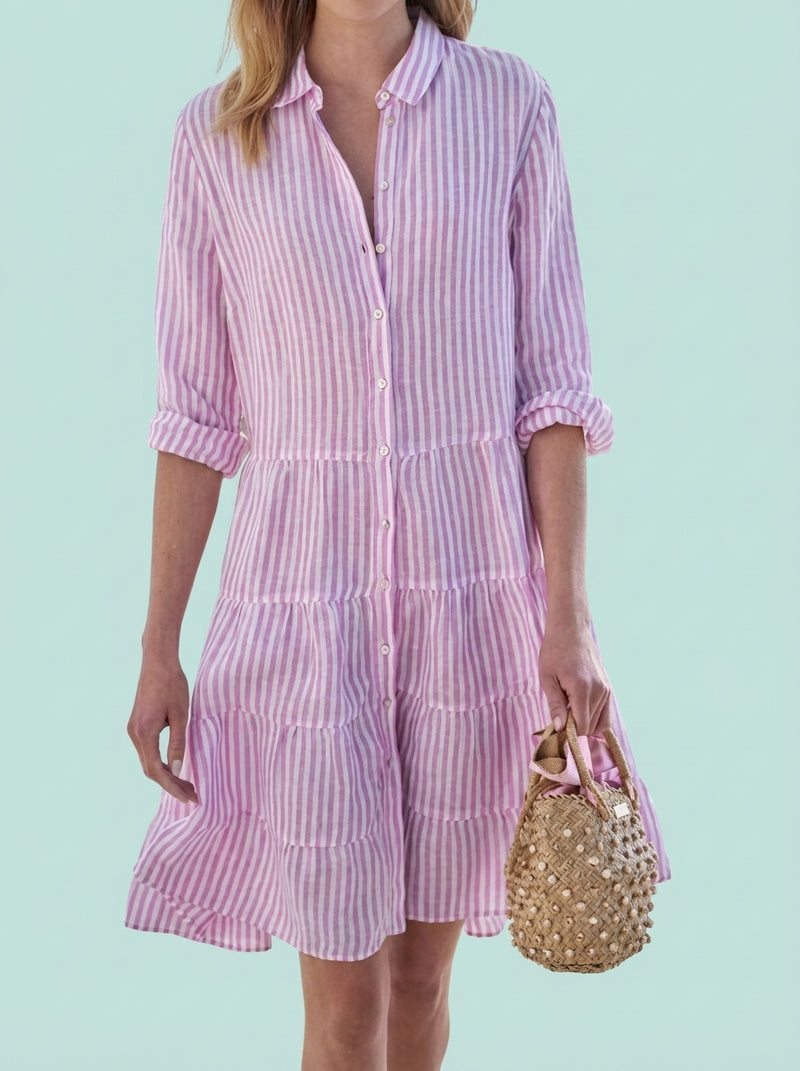 Ins Striped Long-sleeved Shirt Dress Lapel Button Dresses