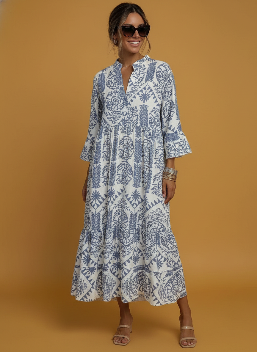 Print Vacation Loose Dress V-neck Flare Sleeve Elegant
