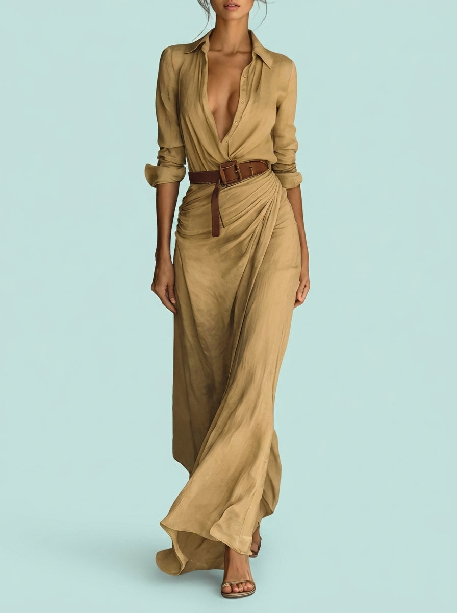 Irregular Long Dress With Belt And Elegant Button Lapel