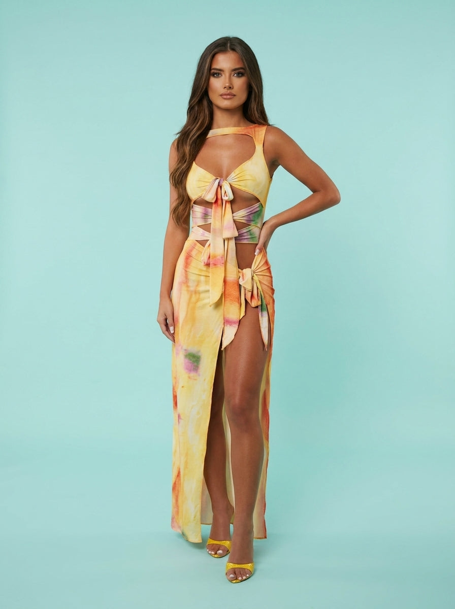 Gradient Printing Lace-up High Slit Dress