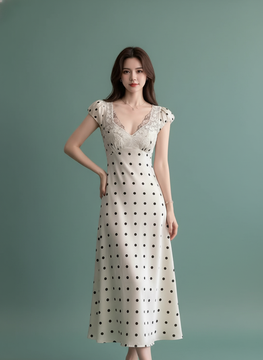 Lace V-neck Polka Dot Dress