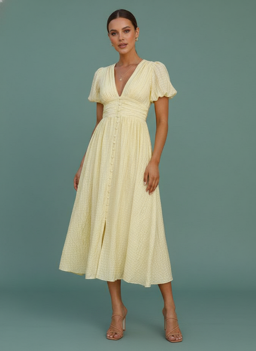 V-neck Short-sleeved Dress With Slim-waisted Design Puff
