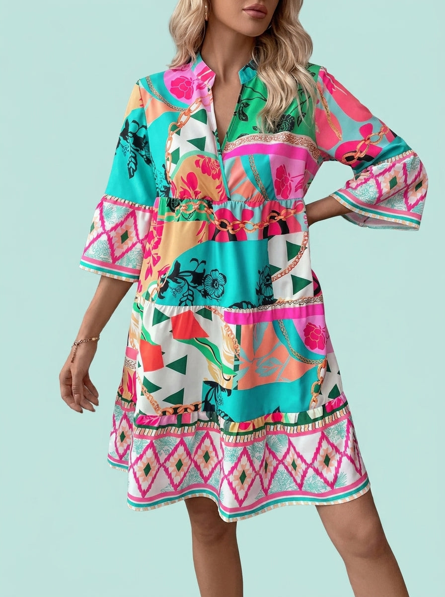 Pleated Sleeve Printed Flared Ruffled Hem Dress
