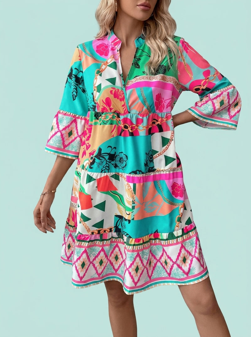 Pleated Sleeve Printed Flared Ruffled Hem Dress