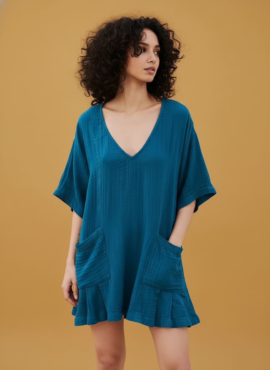 Slub Cotton Ruffled V-neck Pocket Beach Sun Protection