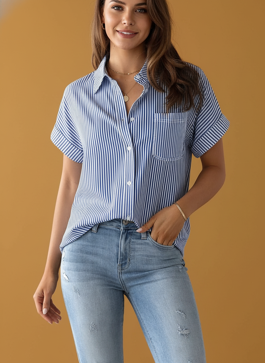 Elegant Plus Size Striped Blouse With Pocket - Short