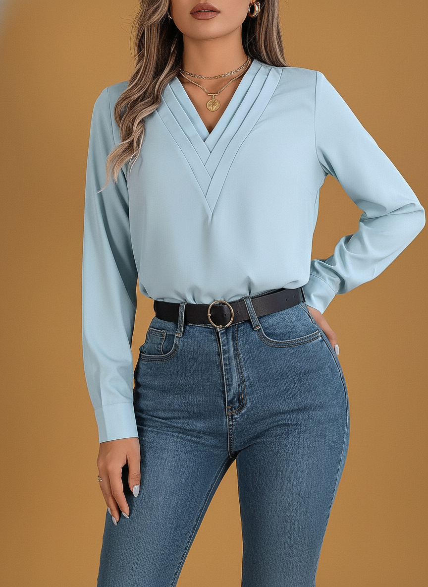 Elegant Solid Color Layered V-Neck Long Sleeve Blouse