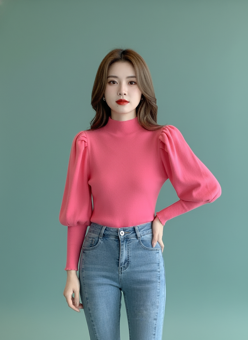 Half Turtleneck Lantern Sleeve Inner Wear Blouse
