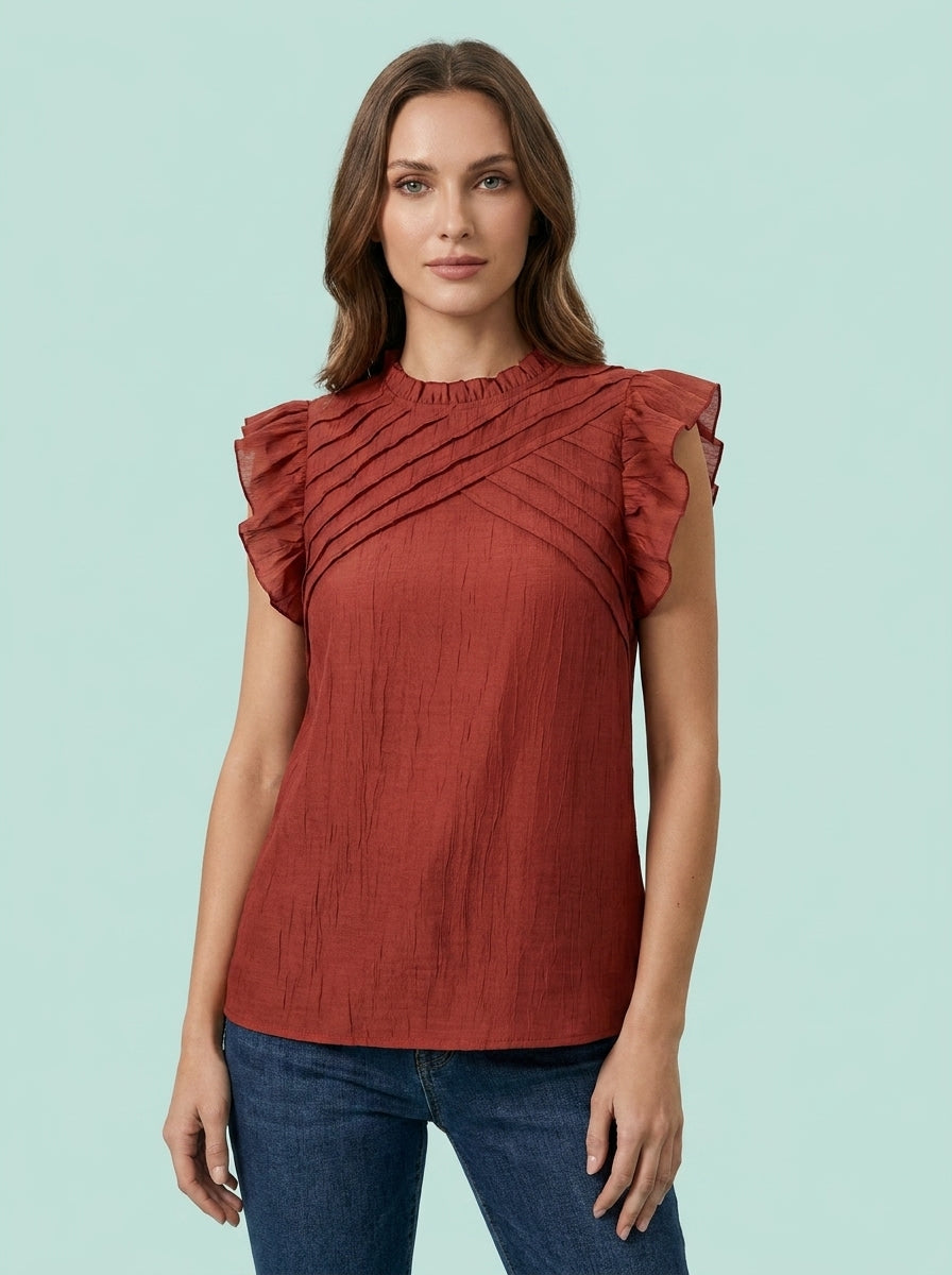 Red Dahlia Solid Color Pleated Detail Ruffle Short Sleeve