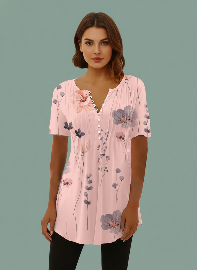 European American Printed Short Sleeve Pleated Breasted