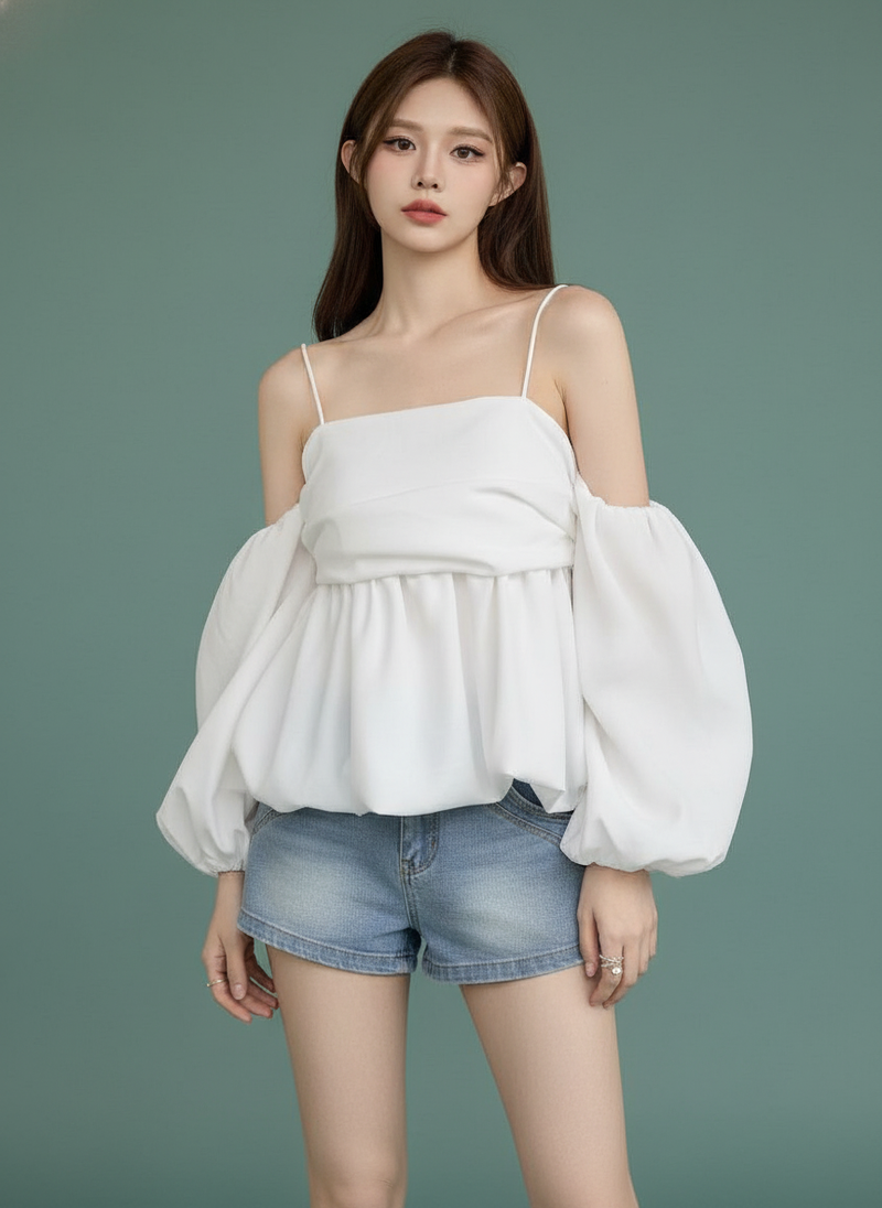 Off-neck Sling Shirt Lantern Sleeve Off-the-shoulder Top