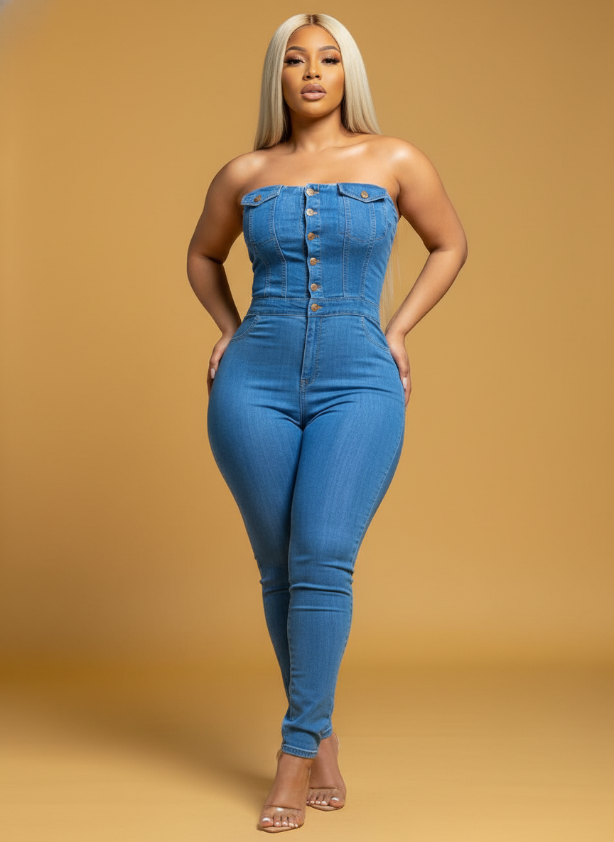 Tube Top Off-shoulder Slim Fit Denim Jumpsuit