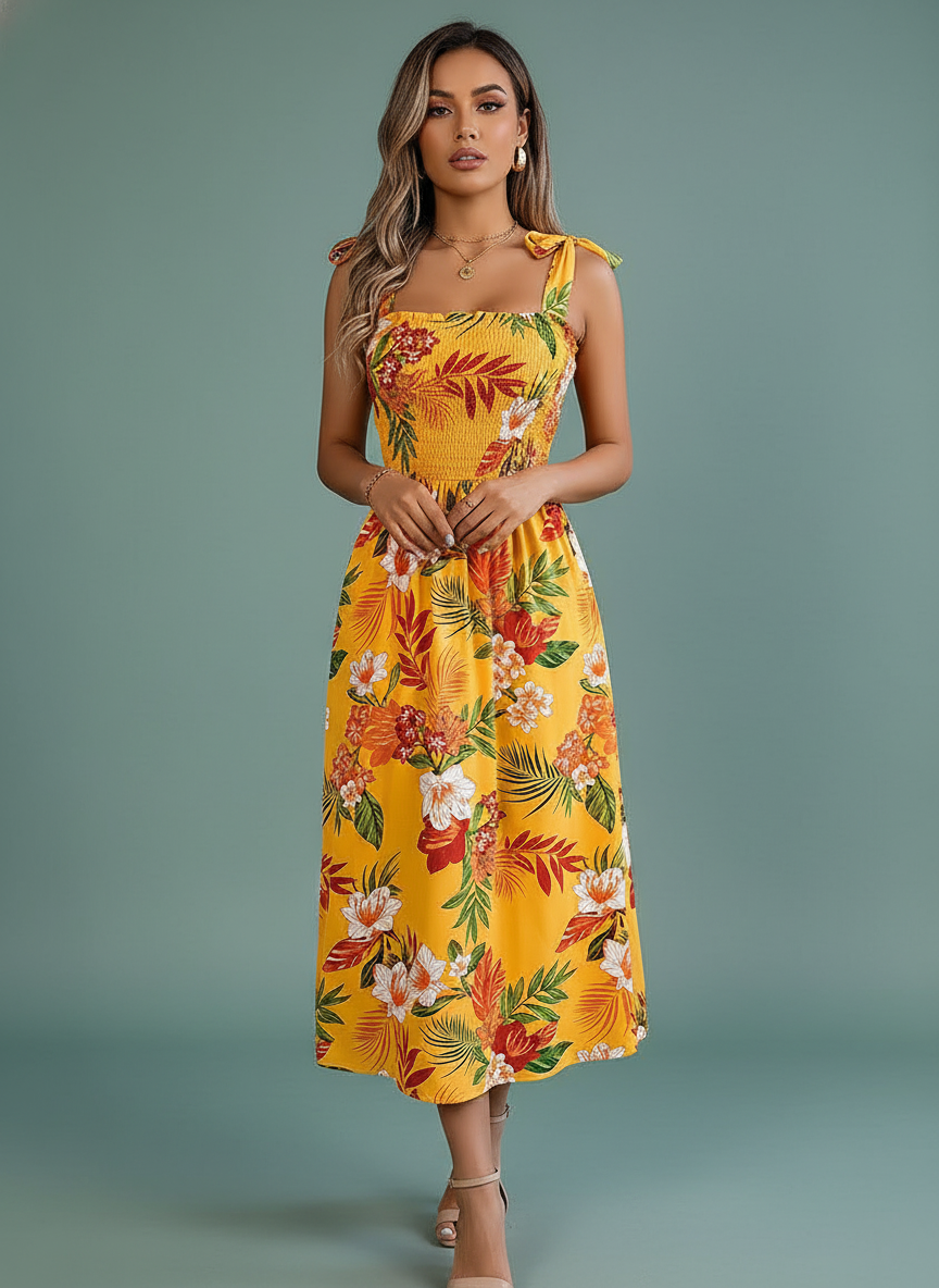 Flowers Print Suspender Corset Dress Ins Holiday Beach Long