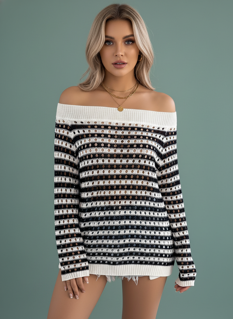 Stripe Hollow Out Loose Knit Off-Shoulder Vacation Top