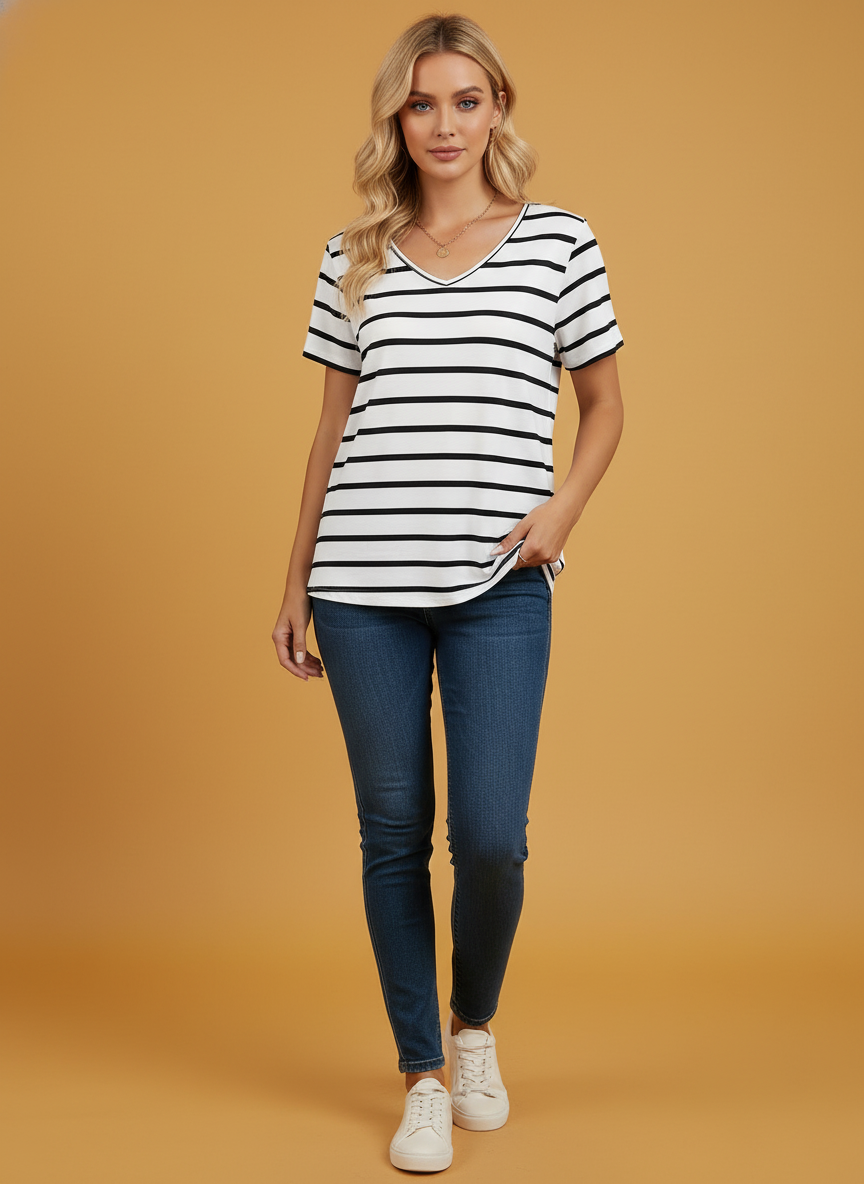 Top Trend Stripes Short Sleeve V-neck