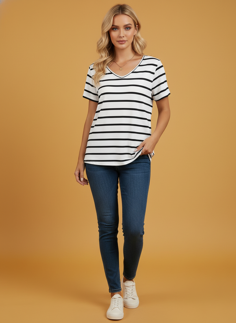 Top Trend Stripes Short Sleeve V-neck