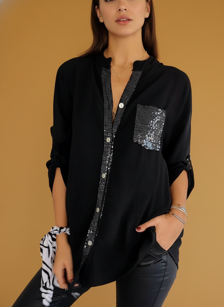 Button-down Long Sleeve Shirt With Sequin Pocket Design