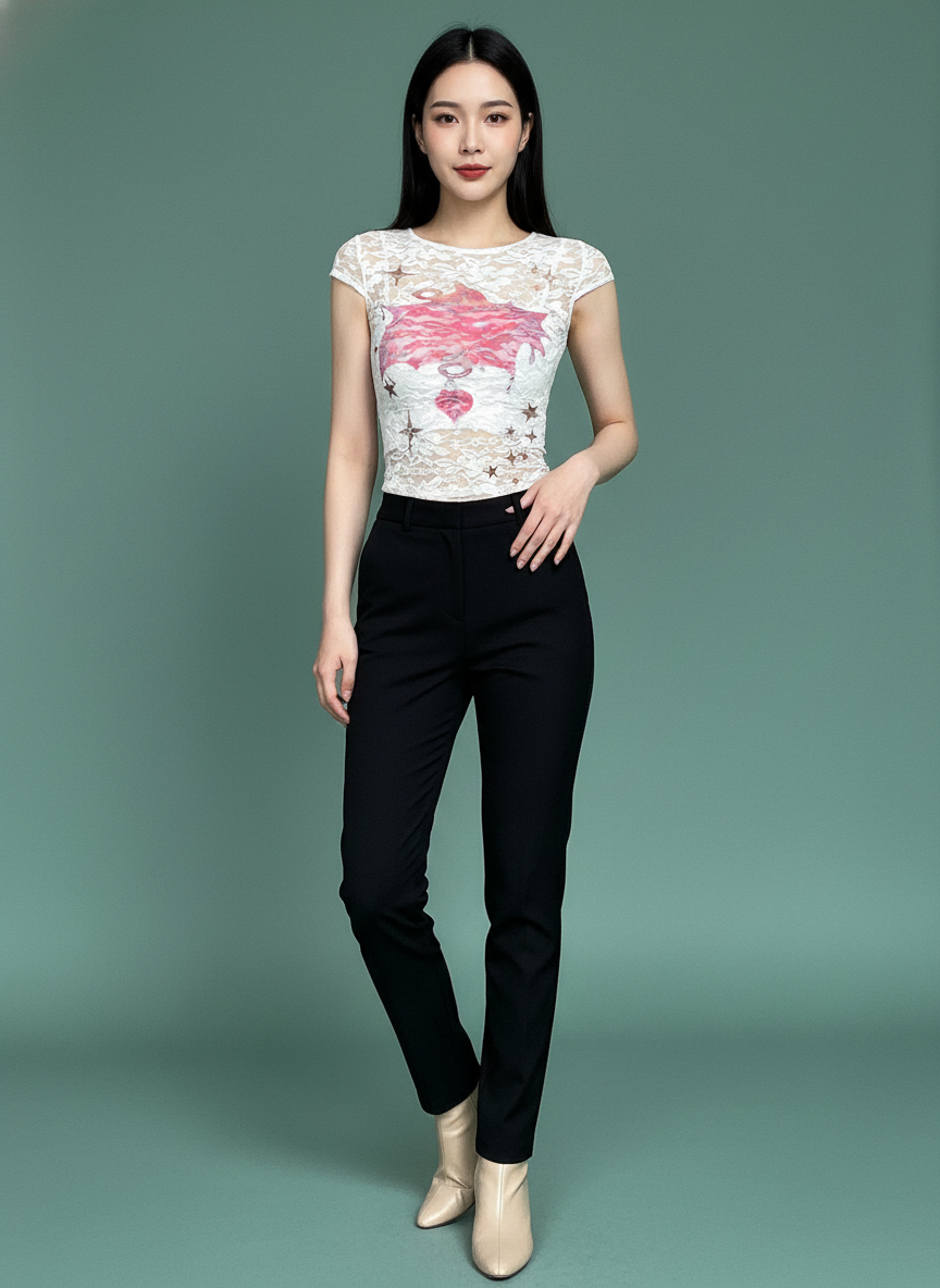 See-through Lace Printed Short Top