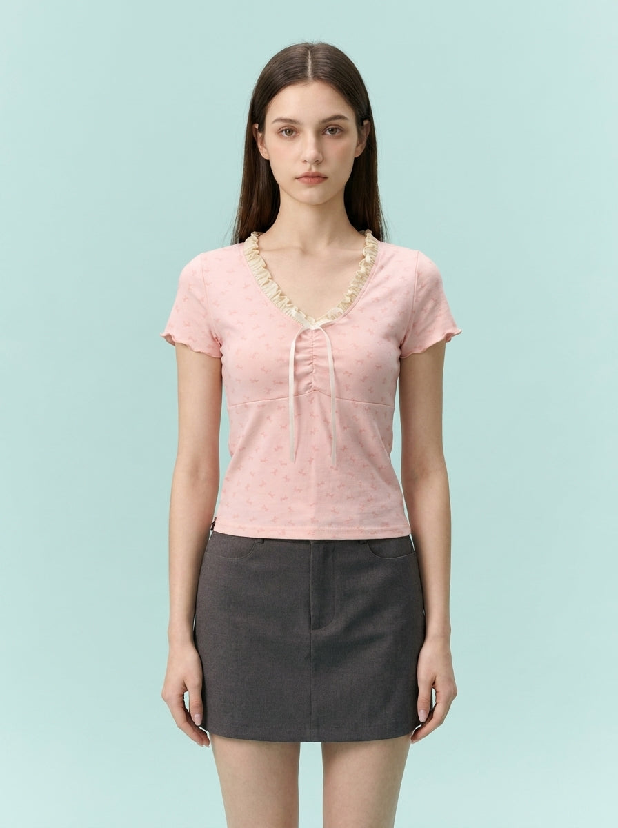 Small Lace V-neck Patchwork Floral Short Sleeve
