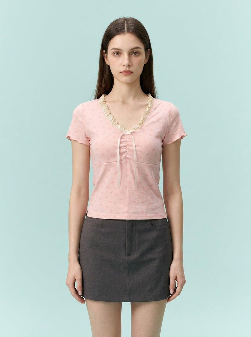 Small Lace V-neck Patchwork Floral Short Sleeve