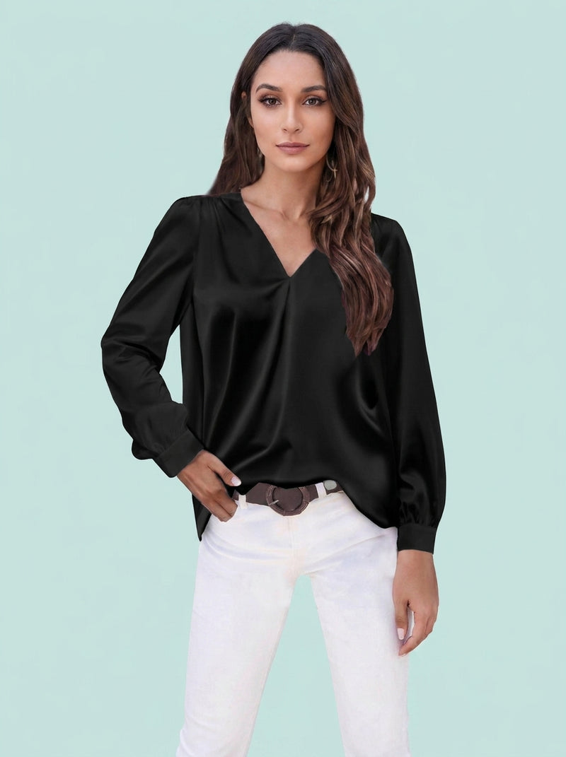 Satin Pleated Long-sleeved Top V-neck Loose Shirt