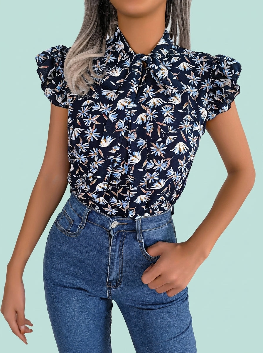 Floral Print Ruffle Trim Tie Bow Chiffon Blouse