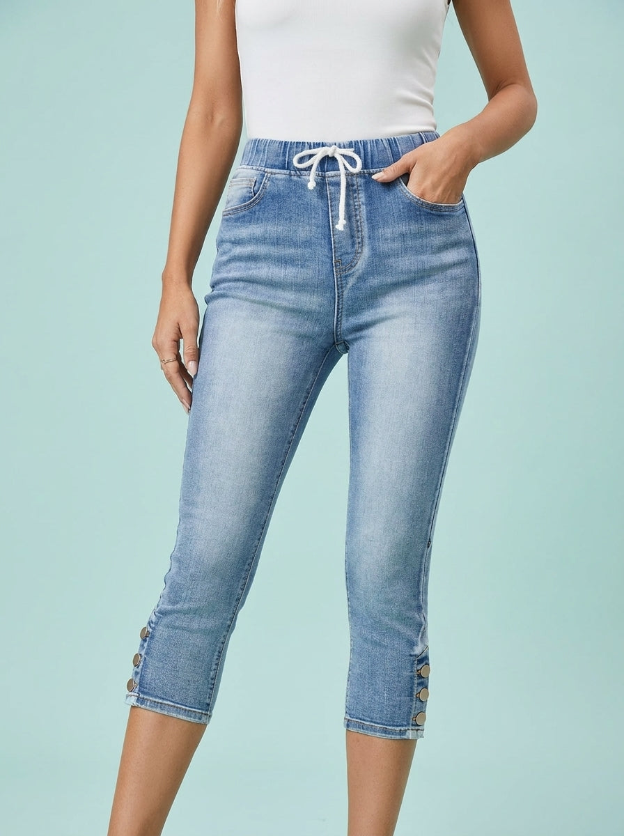 Elastic Waistband Lace-up Stretch Jeans