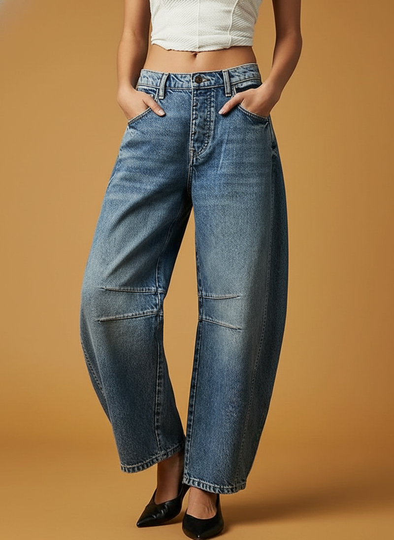 High Stretch Mid-Rise Barrel Jeans Wide Leg Shape Baggy Mid
