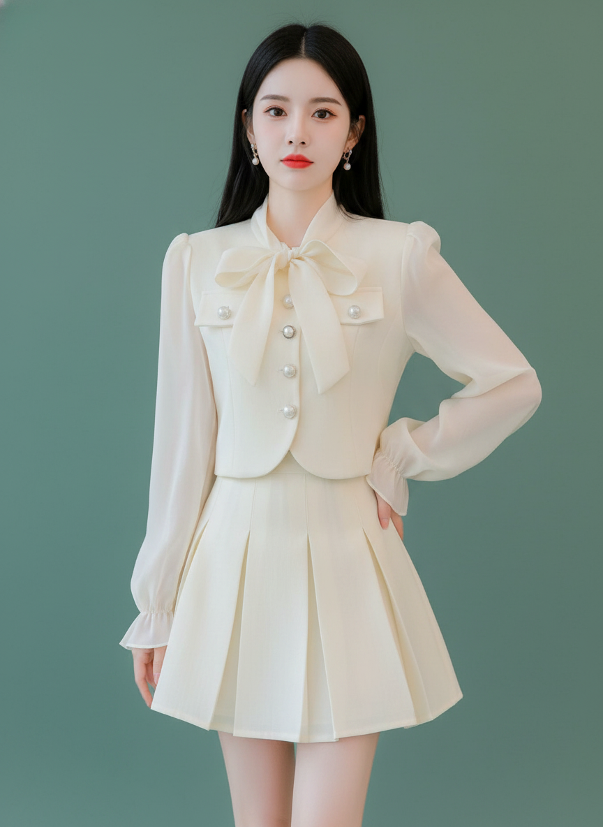 Two-piece Suit Skirt Classic Style Bowknot Shirt High Waist