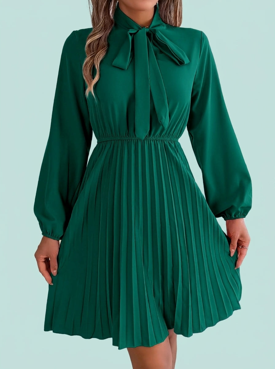 Elegant Tie Waist Long Sleeve Pleated Skirt