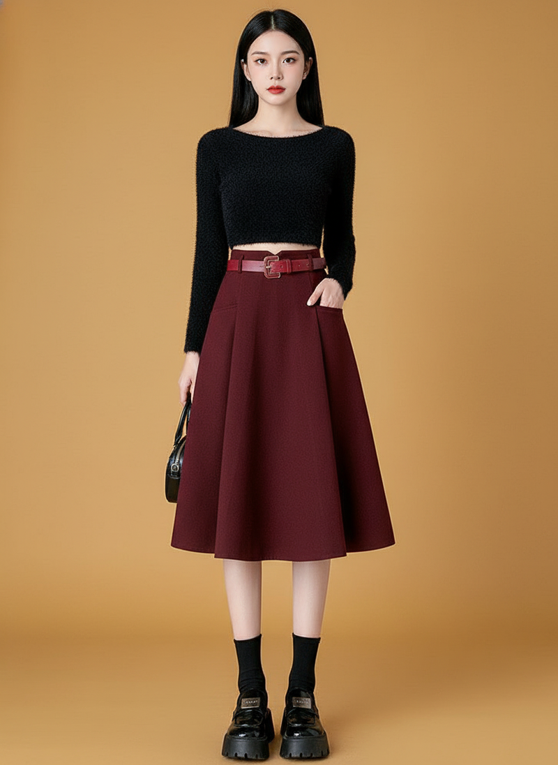 Woolen Skirt Mid-length High Waist Umbrella