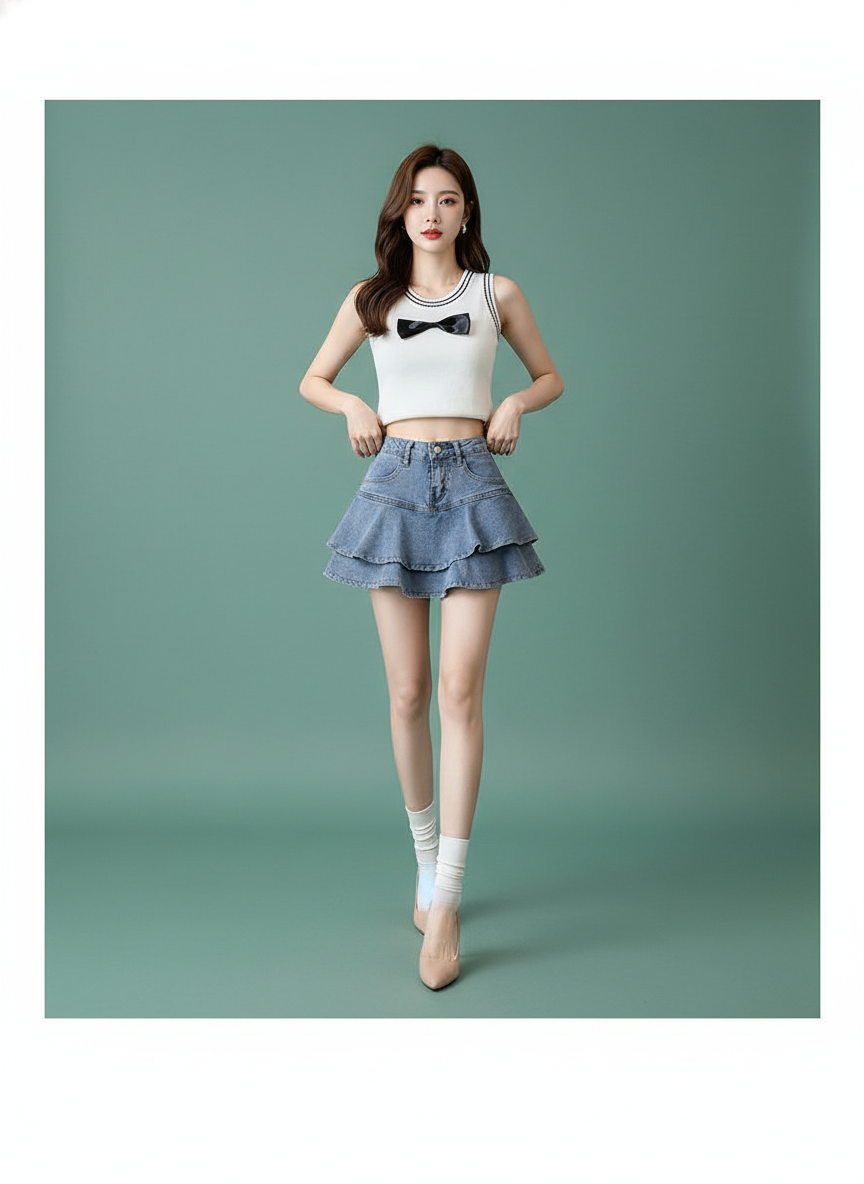 High Waist A- Line Fishtail Puffy Ruffled Denim Skirt