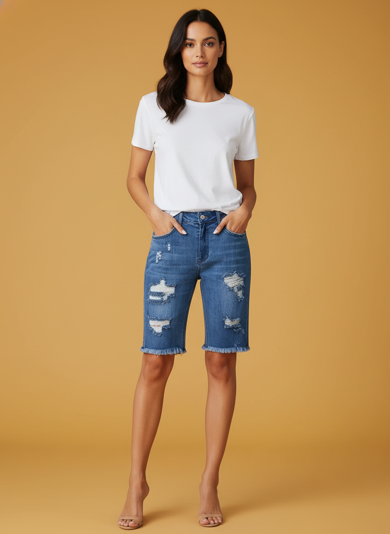 Mid-waist Slim-fit Cropped Pants Ripped Tassel Jeans